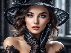 Beautiful brunette, black hat, wearing black lace gloves, Romantic makeup, black and white speedpaint with large strokes and splashes of paint. add shadows and reflections, highly detailed, vibrant, production cinematic character render, hyper-realistic high-quality model, HDR, 3d, 8K, ultra high quality. Digital Art by AlPacifista
