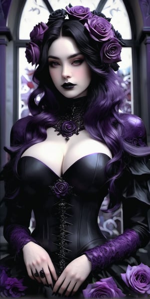 Photorealistic: Gothic Theme: Portrait a close up of a beautiful pale Gothic woman (((,solo, breast with Black and purple Roses on her, very beautiful Dark Gothic Theme, guweiz, intricate body, beautiful Dark fantasy, highly detailed Dark Gothic Dress, ((dark porcelain)) animated character; full body art, beeple and alphonse mucha)))