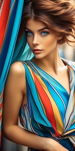 French woman, chestnut hair, blue eyes, modern Parisian outfit with asymmetrical lines, colorful fabric, Alphonse Mucha style