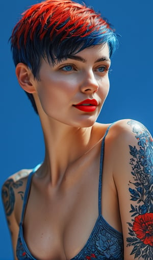 woman with short shaved hair, red, blue and black, fullbody, ultra hd, realistic, vivid colors, highly detailed, UHD drawing, pen and ink, perfect composition, beautiful detailed intricate insanely detailed octane render trending on artstation, 8k artistic photography, photorealistic concept art, soft natural volumetric cinematic perfect light