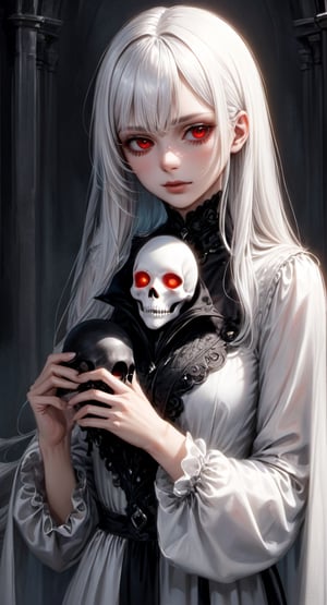 (Hand holding mask：1.5), (White-haired ghost, straight hair, Red eyes), (gothic art), (Fear：1.5), (correct human anatomy：1.37）