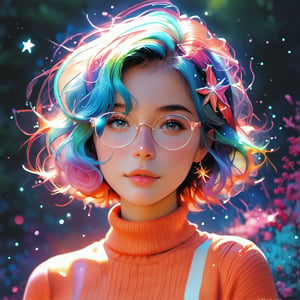  score_9, score_8_up, score_7_up,score_6_up, score_5_up, female character, solo, galaxy-themed clothing, turtleneck sweater, glasses,short hair, blue hair with a hint of purple, big round eyes, light abstract background, stars, constellations, trees silhouettes, vibrant colors, celestial, whimsical, portrait, colorful, modern art, Illustration,