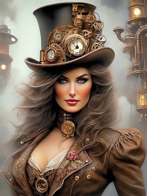 (((A stunning sexy woman in steampunk))) Under the neon glow of progress, she is a vision of steampunk splendor. Her top hat, a symphony of leather and polished brass, holds time itself, a testament to the unyielding march of progress. Her eyes, a pair of serene sapphires, are as deep as the mysteries of the steam-powered wonders she adores.
Inked roses bloom upon her skin, a stark contrast to the mechanical heart that beats at the center of her steampunk universe. She's an anachronistic icon standing tall amidst the whisper of the city's nightlife, a lone clockwork soldier in the urban jungle.