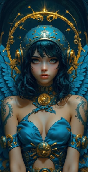 a blue girl with gold angel halo head, in the style of neon realism, darkly romantic illustrations, dark white and yellow, solapunk, i can't believe how beautiful this is, simplistic cartoon, brooding mood,illustr3alFlux,ILLUSTRANIME,REALNIME