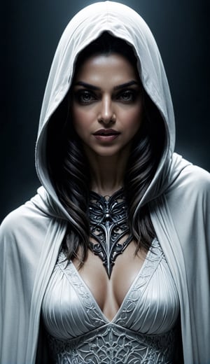 Create a frighteningly detailed and realistic depiction of the hooded figure of Death. Deepika Padukone. The scene is expected to feature a black silhouette with a skull on a face and a skeletal hand holding a menacing sickle. Esta figura sinistra deve ter como pano de fundo uma noite nebulosa iluminada pela luz fria da lua. A imagen deve exalar uma atmosfera sinistra e arrepiante. Use Octane rendering to capture realistic textures and lighting. The resolution should be an impressive 8K, ensuring extraordinary clarity and precision in portraying the sinister aspect of Death.