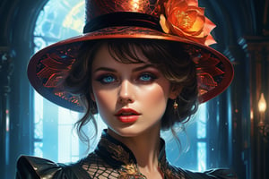 Victorian Stylish Fashion, Lady Spy, Capeline Elegant hat, golden petals, red and black lace, velvet, silk, volumetric lighting, dark background, aura, delicate face, intense expression, perfect eyes, perfect mouth, perfect nose, delicate lace, translucent dancing texture, 16k, sharp focus, emitting diodes, smoke, artillery, sparks, racks, system unit, motherboard, by pascal blanche rutkowski repin artstation hyperrealism painting concept art of detailed character design matte painting, 4 k resolution blade runner, Broken Glass effect, no background, stunning, something that even doesn't exist, mythical, in saroj sahu style, Contententismbeing, energy, molecular, textures, iridescent and luminescent scales, breathtaking beauty, pure perfection, divine presence, unforgettable, impressive, breathtaking beauty, Volumetric light, auras, rays, vivid colors reflects, professional ominous concept art, by artgerm and greg rutkowski, an intricate, elegant, highly detailed digital painting, concept art, smooth, sharp focus, illustration, in the style of simon stalenhag, wayne barlowe, and igor kieryluk.
,Realistic