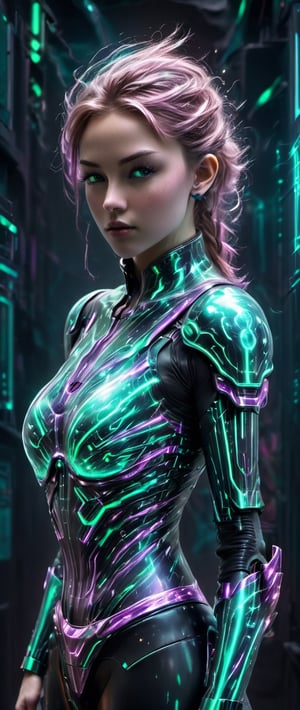 cybertronic girl with slim cyber armour on with sharp shoulder blades. she is wearing a cyber helmet that shows her cute face. she has glowing cyan strobes around her. magnstyle,more detail ,cyberpunk style