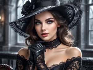 Beautiful brunette, black hat, wearing black lace gloves, Romantic makeup, black and white speedpaint with large strokes and splashes of paint. add shadows and reflections, highly detailed, vibrant, production cinematic character render, hyper-realistic high-quality model, HDR, 3d, 8K, ultra high quality. Digital Art by AlPacifista
