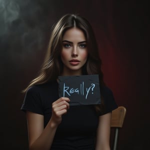 Photorealistic image of a beautiful sexy woman seated in a chair straight to the camera Holding up a sign written in blue ballpoint pen that says "Really?" on an crumpled index card with one hand. with silky, straight dark brunette hair, against a rich Black backdrop. She is wearing a black Tshirt and has a fierce, friendly expression with while looking straight at the camera. The studio lighting setup includes 3-point lighting with a red-fill light enhancing the edges for a cinematic effect. The atmosphere is charged with a mystical, energetic, and dynamic aura, and her eyes are magical, glowing, and illuminating. This mid long shot features lens flare, extreme swirly bokeh halaton, and a dreamy, ethereal quality. surrounded by subtle dramatic fog and smoke, lens flare, extreme swirly bokeh, halation, professional analogous color grading, professional photography, soft shadows, no contrast, clean sharp focus, magical & ethereal, pronounced feminine features, slender fit body, The photograph is professionally color-graded with clean sharp focus, soft shadows, no contrast, and shot with an f-stop of 1.2. It embodies the essence of glamour photography with a magical and ethereal feel.,BOOREAL2,ek_ph0t0_b00ster