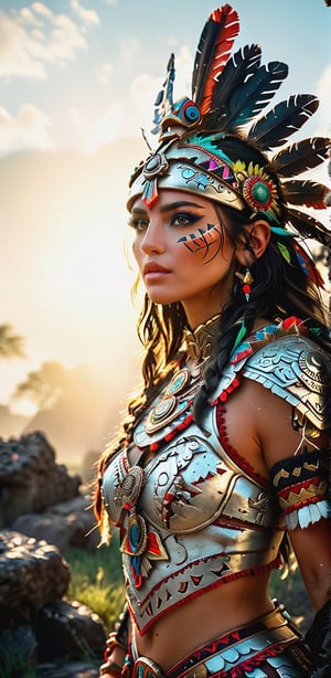 cinematic photography,(full closeup portrait:1.5), (a warrior wearing an aztec headpiece,  voloptuouse body), a ruin battlefield background,field,sunshine rays backlighting,(masterpiece:1.2),intricate,(best quality, extremely detailed:1.5), thick volumetric [soft neon glow|black] fog,soft volumetric moonlight,realistic ambient (best image,best quality:1.5),(best render:1.5), unreal engine, shallow focus, depth of field, (eye and lip highlights:1.5),(high constrast),(realistic textures),(realistic expression)