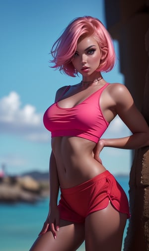 low angle, (masterpiece, best quality), Gorgeous 1girl, looking at the viewer, front view, facing the camera, pink short hair, hi pony, messy hair, Navel, belly button, Red crop top, intricate accurate details, detailed background, rim lighting, two tone light, HDR, 8k
