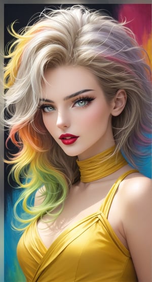 girl sexy, with silver short hair, messy hair, red lipstic, full lips, alluring, portrait by Charles Miano, pastel drawing, illustrative art, soft lighting, detailed, more Flowing rhythm, elegant, low contrast, add soft blur with thin line, yellow clothes
