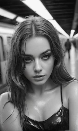 a woman with long hair in a subway station, in the style of black and white imagery, gritty hollywood glamour, made of glass, soft femininity, exaggerated facial features, wet-on-wet blending, captivating gaze 