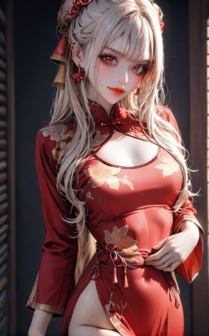 ((1solo)), ((1 girl)), ((cowboy shot)), ((masterpiece)), ((best quality)), ((beautiful detailed)), ((ultra-detailed)),orenge hair, red eyes, breasts ,traditional Vietnamese dress