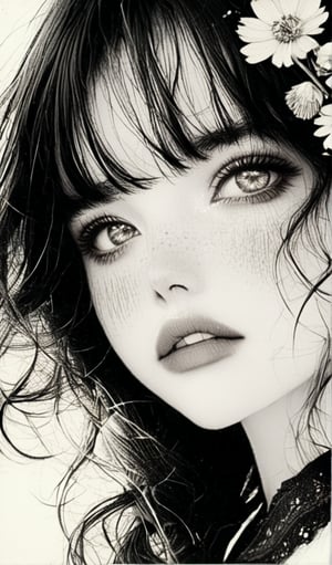 (1woman:1.5), long_black_hair, straight_hair, detailed_hair, messy_hair, flower_in_hair, sparkling_eyes, eyelashes, blushing, freckles, full_lips, parted_lips, vintage_outfit, upper_body_shot, portrait, (black and white:1.5), vintage image, side_view, looking_at_viewer, seductive_look