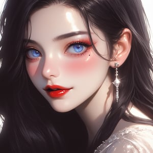 8k, solo, 1girl, solo, black hair, makeup, earrings, mole under eye, blush, jewelry, long hair, lipstick, red lips, eyeshadow, looking at viewer, colored skin, portrait, realistic, blue eyes,















