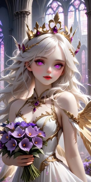 A beautiful young woman with pale skin, white hair, and striking pink eyes, adorned with a golden crown and ethereal white wings. She wears an intricate white dress with gold embellishments and purple floral accents, holding a bouquet of vibrant purple flowers. The background features a majestic ruined cathedral with soft lighting, enhancing the ethereal and otherworldly atmosphere.