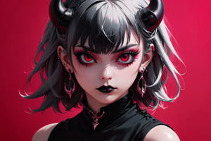 1girl, solo, looking at viewer, bangs, jewelry, closed mouth, (((monochrome))), upper body, earrings, horns, medium hair, tattoo, piercing, pink background, ear piercing, red background, colored sclera, black sclera