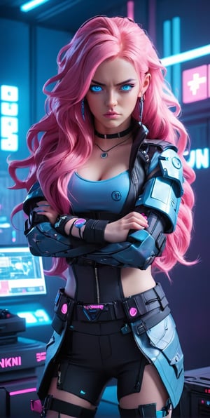 Woman, long wavy hair, pink hair, blue eyes, angry expression, arms crossed, cyberpunk outfit, cyberpunk room, cyberpunk aesthetic 