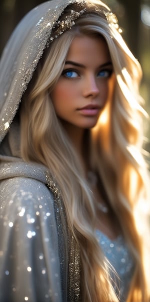 1girl, solo, long hair, blue eyes, blonde hair, jewelry, upper body, dark skin, hood, blurry, lips, grey eyes, depth of field, blurry background