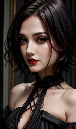 Close up of a beautiful girl in her 20s with a gothic style, black outfit, red lipstick, short black hair, face close up, soft light, Mysterious
