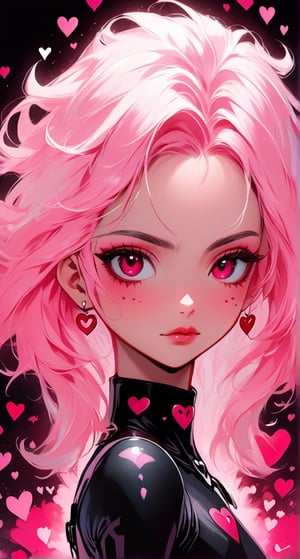 The image provided is a digital illustration of a female character. The character's features are exaggerated and stylized, with prominent pink hair, dark eye makeup, and a contemplative expression. She wears a bodysuit adorned with hearts and the number 9, which could suggest a theme or identity related to the character. The colors used in the illustration are muted yet vibrant, with the pink elements standing out against the softer background. There is no additional context provided within the image itself.