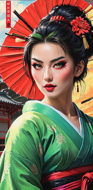 a female geisha, rogue woman, close-up, cinematic shot, graphic novel cover page, oil pastels, oil paint, doujinshi