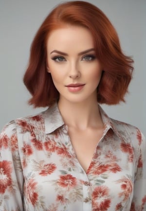 Bust portrait of a Caucasian woman with Red hair and gray eyes wearing Wearing a floral blouse In 8k