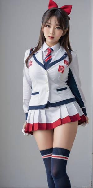 beautiful Japanese woman in a cosplay Japanese high school uniform with long socks, (((big breast))) , beautiful legs, shot on a Sony a7III by Richard Avedon, petite, emotive expressions, i can't believe how beautiful this is, hyper-realistic