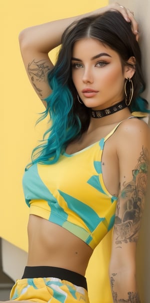 1girl, solo, breasts, looking at viewer, black hair, navel, bare shoulders, jewelry, medium breasts, sitting, multicolored hair, earrings, sleeveless, choker, midriff, pants, medium hair, two-tone hair, lips, crop top, tattoo, makeup, abs, yellow background, eyeshadow, hoop earrings, arm tattoo