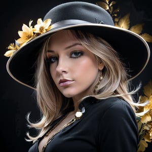 Minimalistic, abstract style. A woman in a black wide-brimmed hat (grayscale). From the side. A golden flower on the chest. Abstract, fantastic, romantic, soft, elegant and detailed, black background.