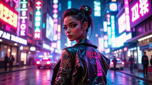 A mid-shot portrait of a stylish young asian woman standing in a bustling futuristic cyberpunk city, rendered in Octane with vibrant cinematic neon lighting and advanced global illumination techniques, in the style of a big budget sci-fi film. Glowing holographic billboards and dazzling city lights reflect off the woman's fashionable metallic clothing as she confidently strides down the neon-lit sidewalk. Distant police sirens wail through the hazy toxic atmosphere. An endless expanse of concrete buildings with tiny textured details extends behind her. Flying cars zoom by overhead, illuminating the scene with dynamic volumetric lighting. The woman turns her head slightly, her eyes glinting with an assured, defiant look. Every detail of her outfit is intricately textured down to the smallest rivets and seams. Advanced skin shaders reveal life-like pores and cybernetic implants integrated into her face. The entire scene is composed to create an atmosphere of sci-fi attitude and intensity. Rendered at 8K resolution with extremely high photorealism and advanced cyberpunk textures.,FLUXCyberpunknime,REALNIME, QTGIRLREAL