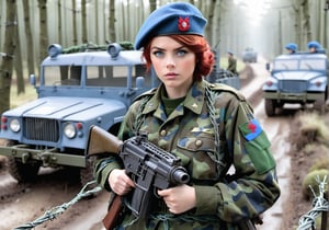 British girl soldier character, (((sexy, big breast, youthful features, facial features resembling in 1960s, aged 23-24, blue eyes, intense gaze, short red hair, military uniform, green forest camouflage military uniform, beret, holding gun, military equipment, barbed wire, roadside, military vehicles, tense scene)))