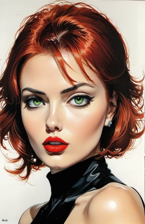 Green eyes, TANNED skin, Red lips, redhead short hair Black widow, ART noite BY Guido Crepax
