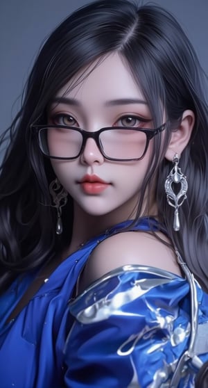 a close up of a woman with long hair wearing a blue dress, smooth anime cg art, game cg, 8k portrait render, hyperdetailed fantasy character, 8k high quality detailed art, close up character, photorealistic anime girl render, beautiful character painting, artgerm ; 3d unreal engine, 4 k detail fantasy, a beautiful fantasy empress, square black glasses+transparant glass,