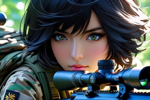 (masterpiece),(Highest quality),(High resolution),(Very detailed),One Woman,Japanese,Black Hair,Short Bob,Beautiful Eyes,Long eyelashes,Beautiful Hair,Beautiful Skin,whole body,BREAK(((aim at something with a sniper rifle))),((Close one eye and look through the scope))(Lying down),((Sniper Rifle)),Army Camouflage Uniform,Bulletproof vest, Combat Boots, Tactical Forster,Tactical Headset,(The background is a dense forest),(((Background Blur)))