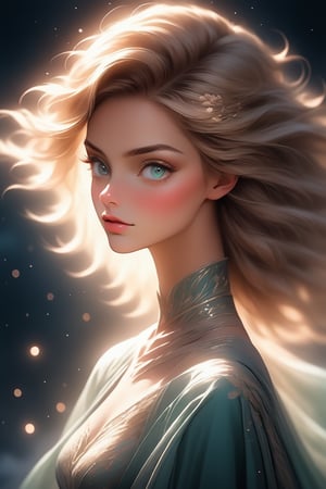 beautiful woman, freckles on cheeks, dark sparkling green-blue eyes , waist length flowing silky light brown hair with blonde highlights,  fuller figure, misty moonlight, Create an elegant profile picture with a floral pattern and soft pastel colors 






















,Comic Book Style 2d,Flat vector art,Leonardo,Leonardo Style