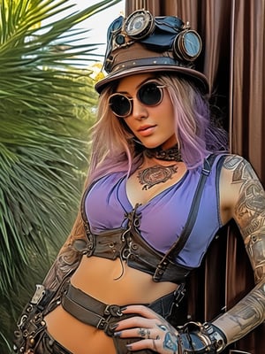 (((A stunning sexy woman in steampunk))) Beneath the swaying palms, the essence of steampunk reimagines itself through her captivating ensemble. From the detailed goggles atop her leather-bound hat to the intricate tattoos that whisper tales of mechanical dreams, every element enchants. Her piercing gaze, a vivid contrast to the soft hues of her lavender locks, invites us into a world where past and future converge. How will your daydreams blend with the innovative spirit of steampunk today? 