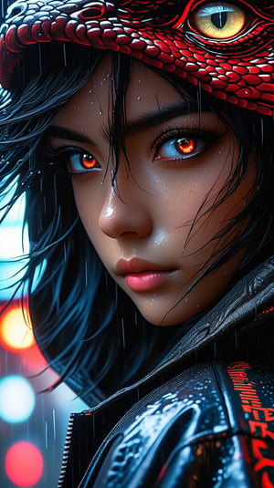 close up photograph, Confident young cyberpunk woman,black color hair,with brown eye,Wear a hoodie with a red dragon pattern, On the streets soaked with rain at night, Photorealistic, Cinematic lighting