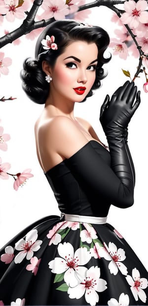 a  woman (((cherry blossom))) in a  1960  black and white   dress, with lage gloves  , retro , girl pinup, image,  pinup style, hd illustration, 1950s pin up style, style, pin up girl, color illustration, digitally colored,detailmaster2