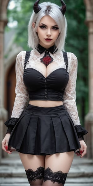 a demon girl in a skirt and short lace shirt big breast, posing for a photo, a digital representation, Trends in CG society, Gothic fashion clothing, Gothic fashion clothing, Gothic style outfit, Gothic fashion clothing, fashion role-playing clothing, SFW