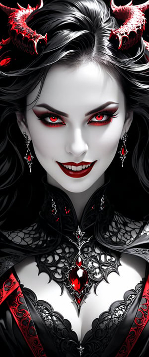 (best quality, masterpiece, perfect face, beautiful and aesthetic:1.2)1 succubusgirl, gothic, demon wings, mischievous smile, vampire long fangs (abstract art), half demon, high contrast, red, black and white,(abstract art), half demon, crimson red snake pupils eyes, high contrast (intricate details, hyperdetailed:1.15), detailed, (high contrast, official art, extreme detailed, highest detailed),