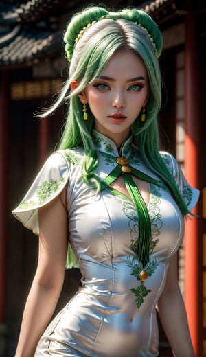 ((Best Quality)), ((Masterpiece)), (Details: 1.4), 3D, A Beautiful Female Figure, HDR (High Dynamic Range), Ancient Chinese Costumes, Satin Clothing, Feminine and Sexy, White Cheongsam, Green Hair Accessories, Tassel Earrings, Ray Tracing, NVIDIA RTX, Super-Resolution, Unreal 5, Subsurface Scattering, PBR Textures, Post Processing, Anisotropic Filtering, Depth of Field, Maximum Sharpness and Clarity, Multi-layer textures, albedo and specular mapping, surface shading, accurate simulation of light-material interactions, perfect proportions, Octane Render, two-color light, large aperture, low ISO, white balance, rule of thirds, 8K RAW, ultra-fine detail facial features, facial details, finger details