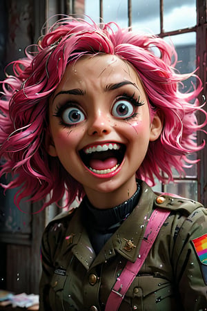 bjddoll, women, dark ambiance, furious, disheveled, angry, gorgeous, crazy, smooth, pink, rainbow, absurde, stupid, smiling, soldier, dress, sloppy, surprised, embarrassed, highly detailed, Hyperrealism, look at windows, ultra realistic, ultra detailed, Hyperrealism, photography, stunning environment , old paint, storm, photo,





,Comic Book-Style