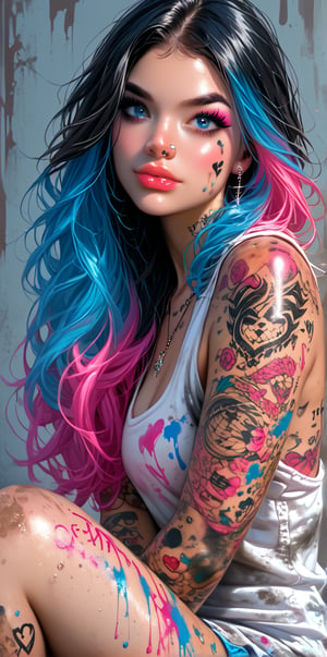 1girl, (((solo, long hair, looking at viewer, blue eyes, black hair, sitting, blue hair, pink hair, multicolored hair, two-tone hair,  female, lips, tattoo, makeup, realistic, nose, arm tattoo, body writing, dirty, paint, grafitti nijistyle
