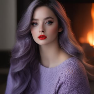 Generate hyper realistic image of a beauty with long, wavy purple hair, captivating black eyes, and a touch of (((freckles above her eyes))). Her red lips add a dash of sophistication. Dressed in a chic knitted attire, she sits by the fireside in an elegant yet comfortable setting, radiating warmth and beauty,Korean,Beauty

