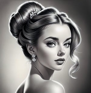the drawing shows a woman with hair in an updo, in the style of hyperrealism and photorealism, glamorous hollywood portraits, trace monotone, realistic and hyper-detailed renderings, shiny/glossy, 32k uhd, detailed character illustrations,pencil sketch