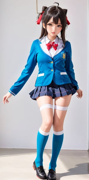 beautiful Japanese woman in a cosplay Japanese high school uniform with long socks, (medium breast), beautiful legs, shot on a Sony a7III by Richard Avedon, petite, emotive expressions, i can't believe how beautiful this is, hyper-realistic