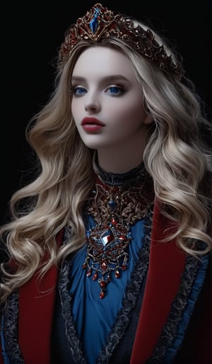 Create an image of an individual with long, curly hair wearing an ornate headpiece adorned with gemstones that glows against a dark backdrop. The individual should have an air of regality and drama, draped in ruffled garments in shades of deep reds and blues to enhance the moody atmosphere.
