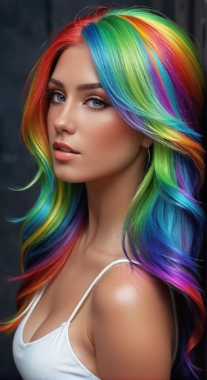 A stunning woman with flowing rainbow-colored hair in a vibrant digital artwork. The colors are vivid and saturated, giving the portrait a fantasy-like quality. The image is created with digital airbrush painting techniques, showcasing a beautiful and artistic representation with a mix of bright and bold hues. The woman's beauty is enhanced by the rich and realistic colors, making this a captivating piece of colorful digital art. cinematic, epic realism,8K, highly detailed, rich textures, wide shot, sharp focus, high detail, 4k, masterpiece, photo, digital art, fantasy, the dark 